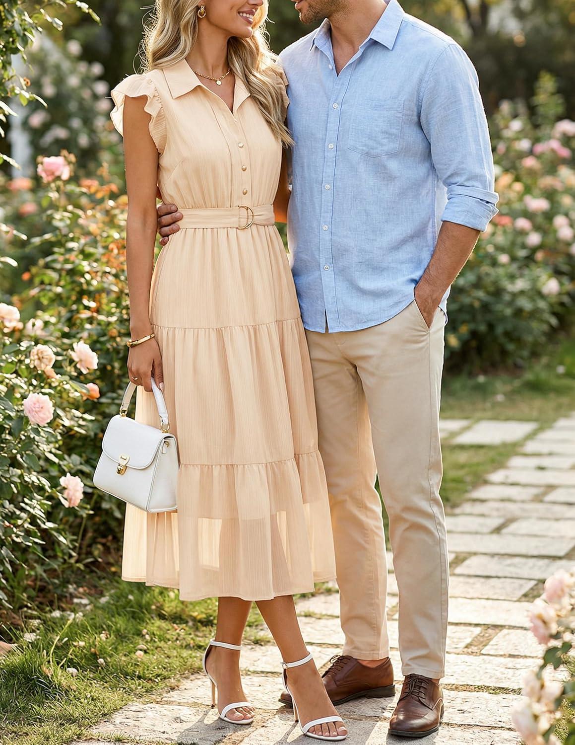 imageZESICA Womens Summer Floral Midi Dress 2026 Casual Flutter Short Sleeve Chiffon Button Down Wedding Guest Party DressesApricot