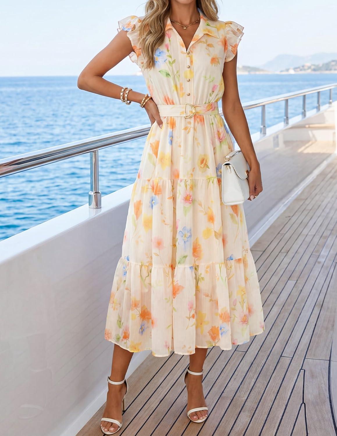 imageZESICA Womens Summer Floral Midi Dress 2026 Casual Flutter Short Sleeve Chiffon Button Down Wedding Guest Party DressesBeige
