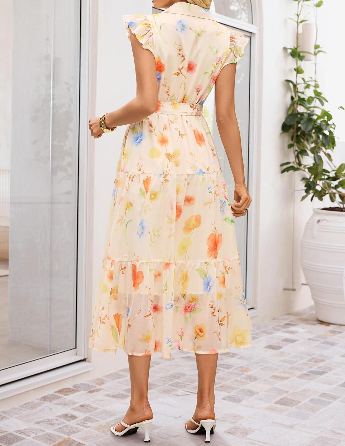 imageZESICA Womens Summer Floral Midi Dress 2026 Casual Flutter Short Sleeve Chiffon Button Down Wedding Guest Party DressesBeige