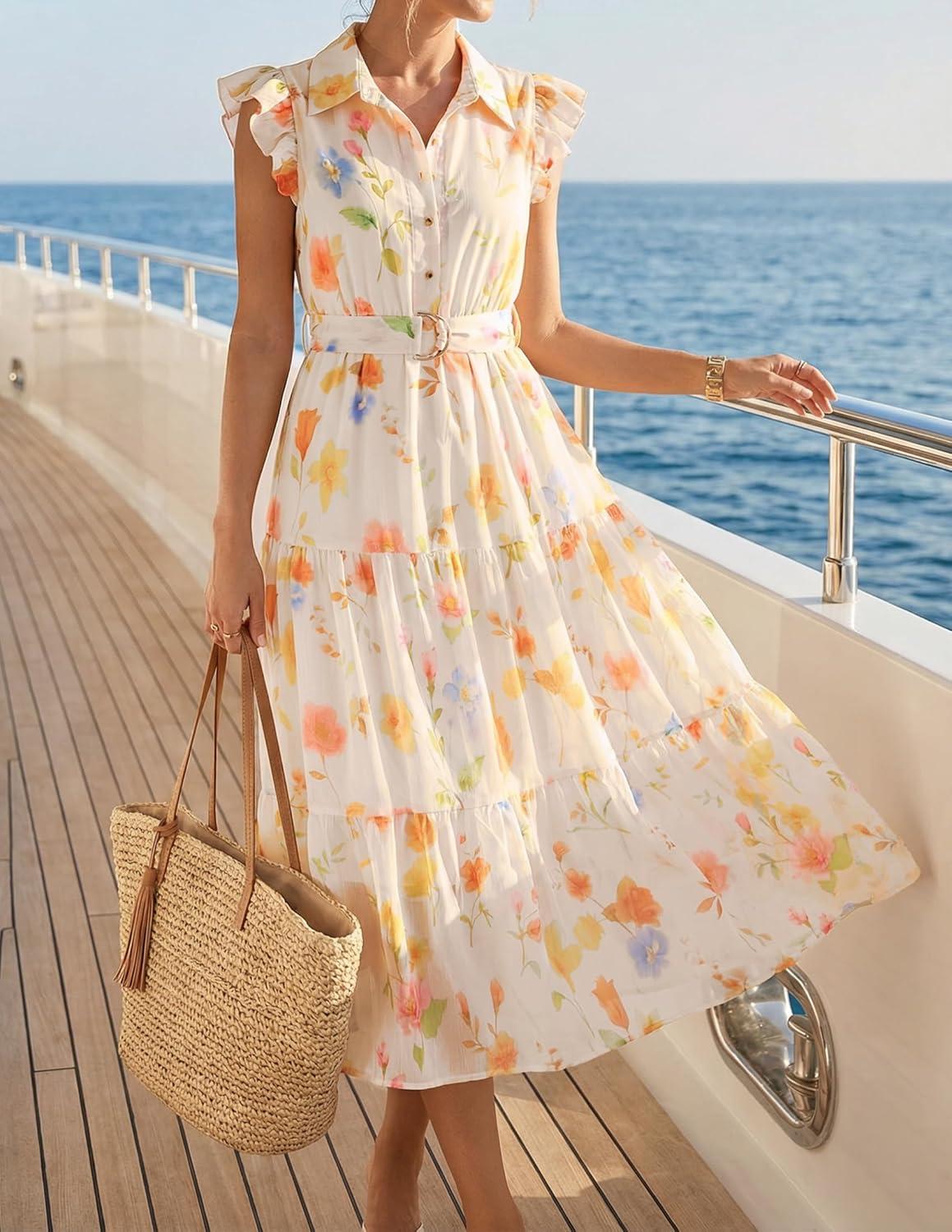 imageZESICA Womens Summer Floral Midi Dress 2026 Casual Flutter Short Sleeve Chiffon Button Down Wedding Guest Party DressesBeige
