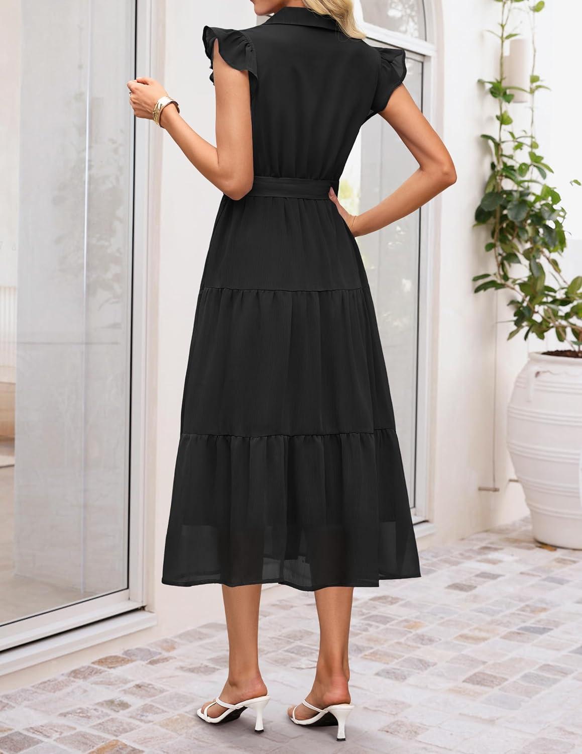 imageZESICA Womens Summer Floral Midi Dress 2026 Casual Flutter Short Sleeve Chiffon Button Down Wedding Guest Party DressesBlack