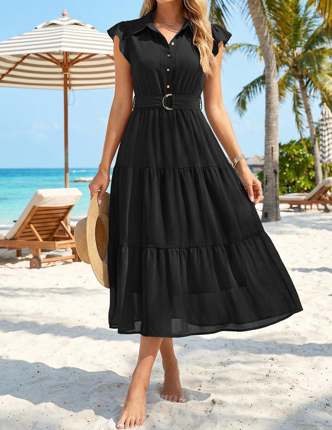 imageZESICA Womens Summer Floral Midi Dress 2026 Casual Flutter Short Sleeve Chiffon Button Down Wedding Guest Party DressesBlack