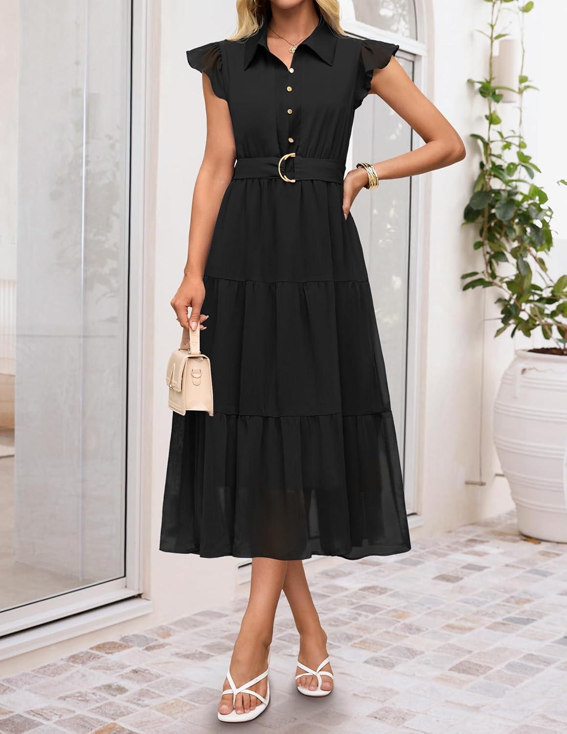 imageZESICA Womens Summer Floral Midi Dress 2026 Casual Flutter Short Sleeve Chiffon Button Down Wedding Guest Party DressesBlack