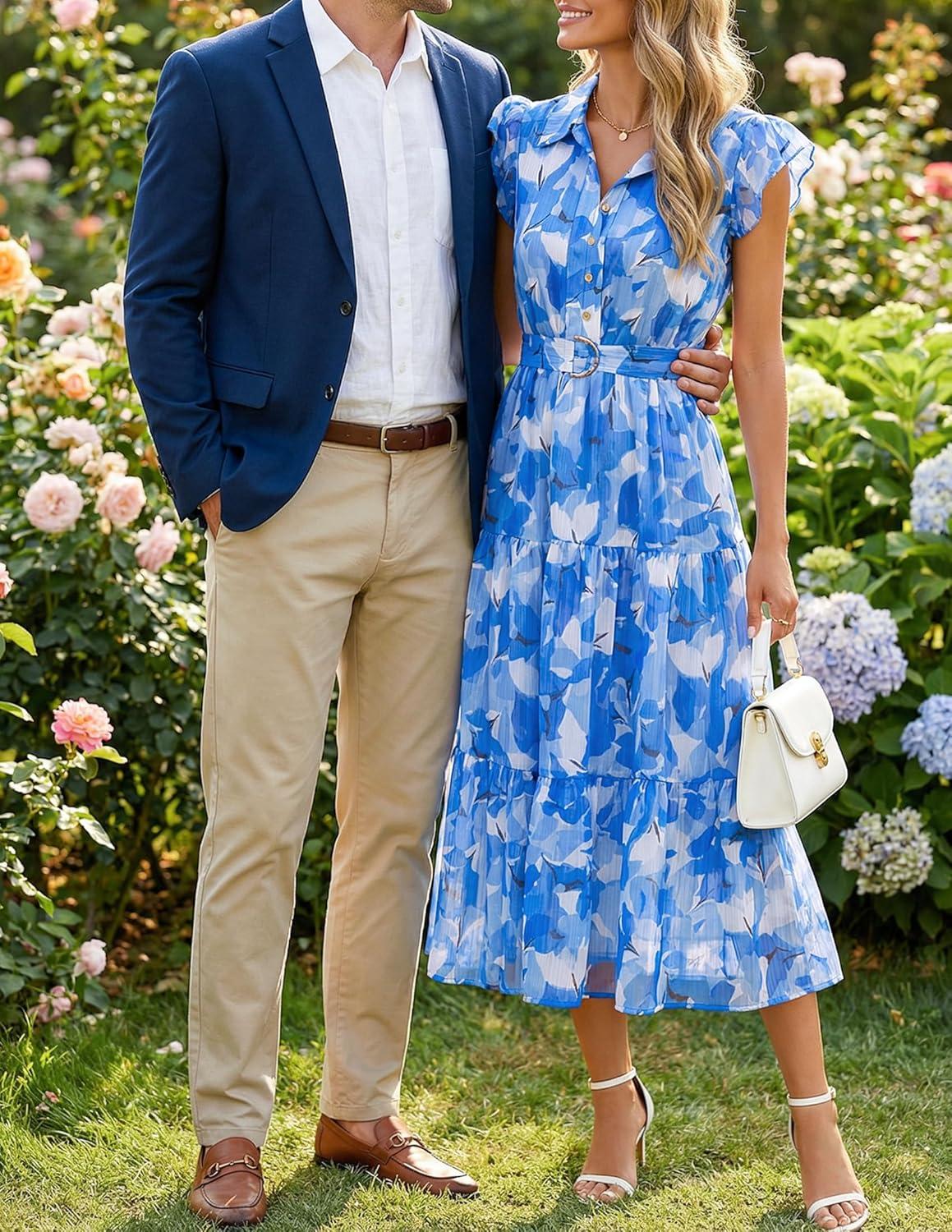 imageZESICA Womens Summer Floral Midi Dress 2026 Casual Flutter Short Sleeve Chiffon Button Down Wedding Guest Party DressesBlue