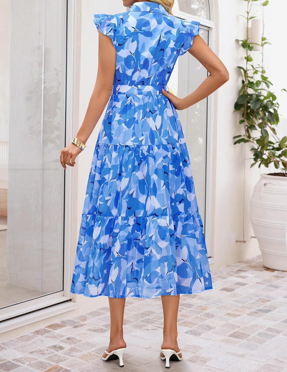 imageZESICA Womens Summer Floral Midi Dress 2026 Casual Flutter Short Sleeve Chiffon Button Down Wedding Guest Party DressesBlue