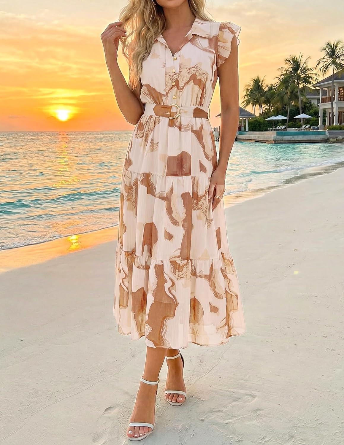 imageZESICA Womens Summer Floral Midi Dress 2026 Casual Flutter Short Sleeve Chiffon Button Down Wedding Guest Party DressesBrown