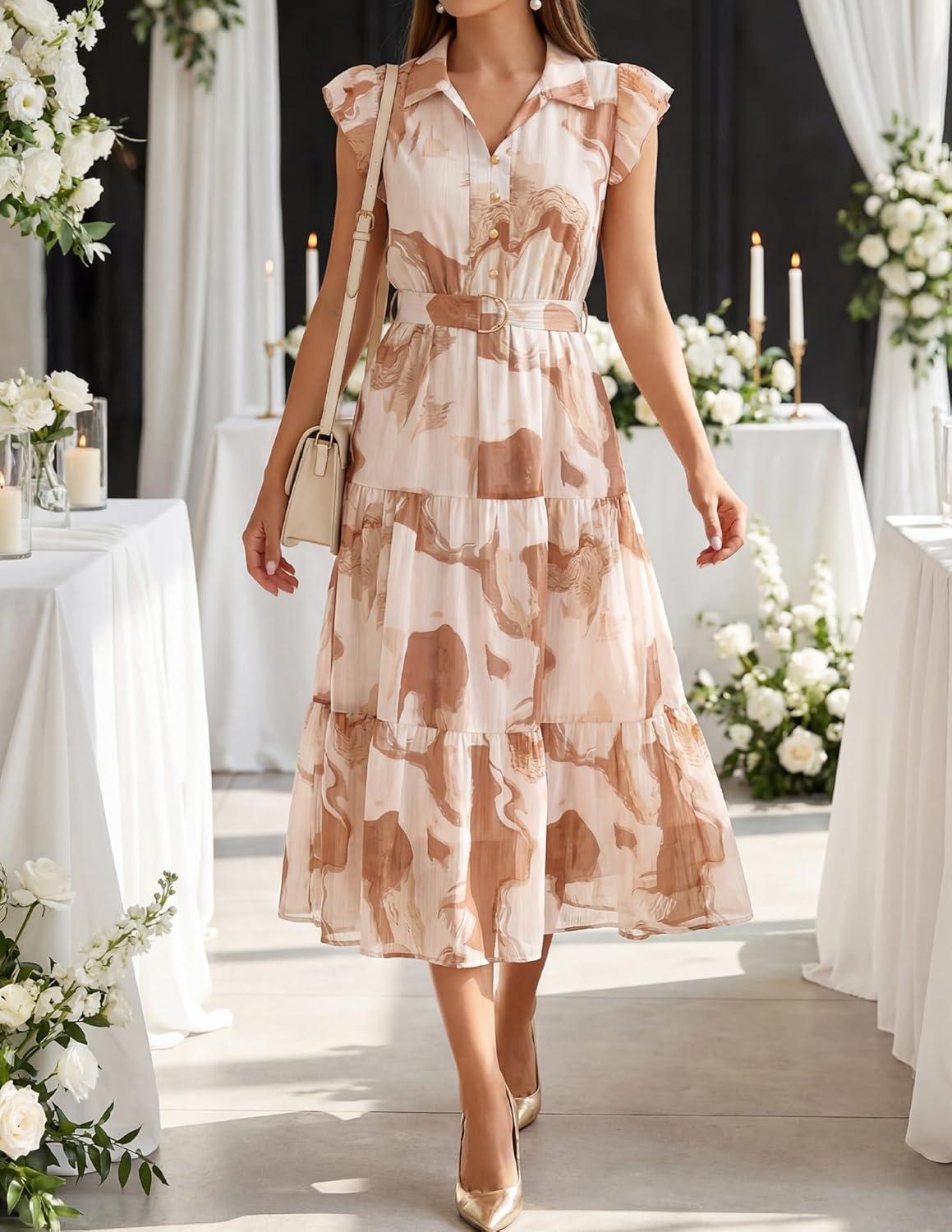 imageZESICA Womens Summer Floral Midi Dress 2026 Casual Flutter Short Sleeve Chiffon Button Down Wedding Guest Party DressesBrown