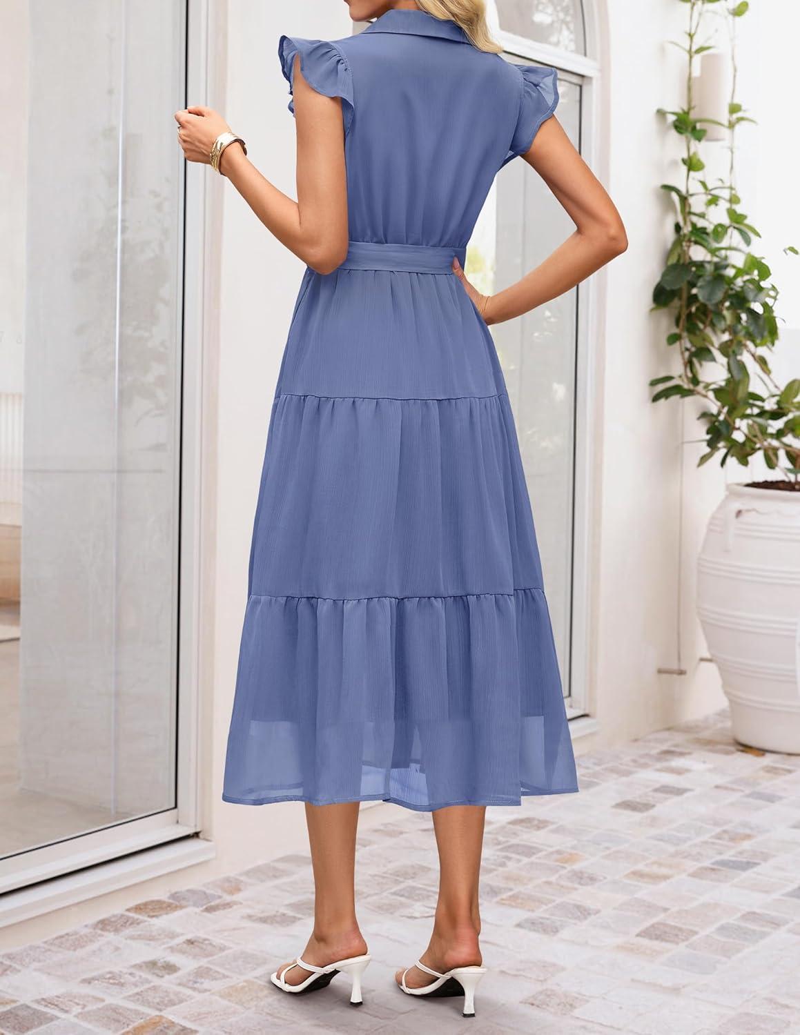imageZESICA Womens Summer Floral Midi Dress 2026 Casual Flutter Short Sleeve Chiffon Button Down Wedding Guest Party DressesDusty Blue