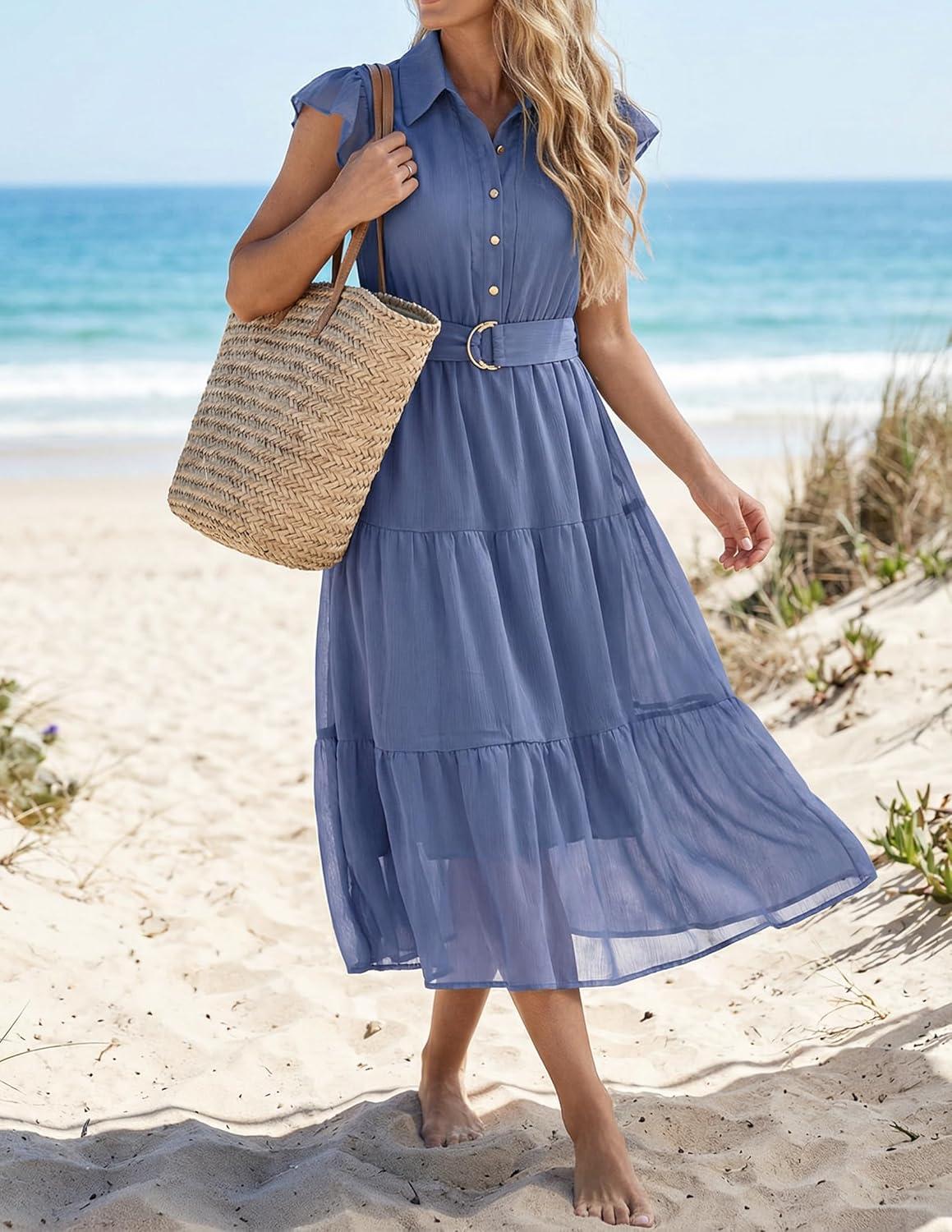 imageZESICA Womens Summer Floral Midi Dress 2026 Casual Flutter Short Sleeve Chiffon Button Down Wedding Guest Party DressesDusty Blue