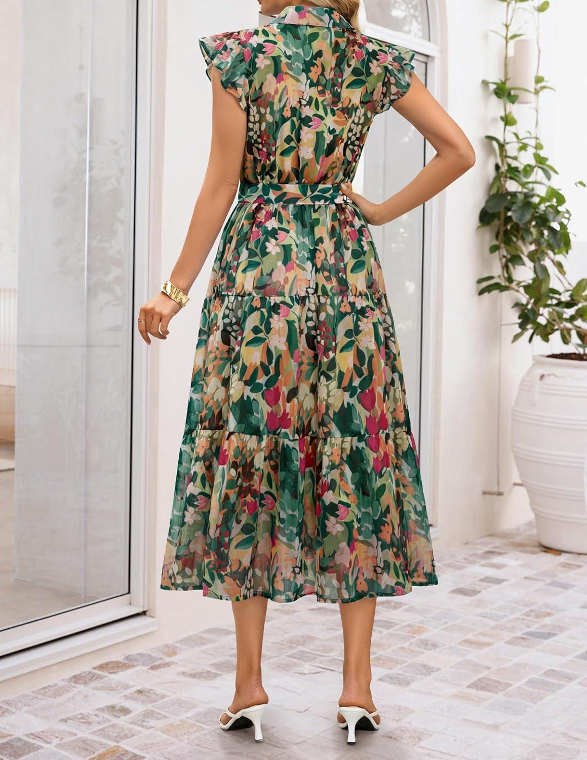 imageZESICA Womens Summer Floral Midi Dress 2026 Casual Flutter Short Sleeve Chiffon Button Down Wedding Guest Party DressesGreen