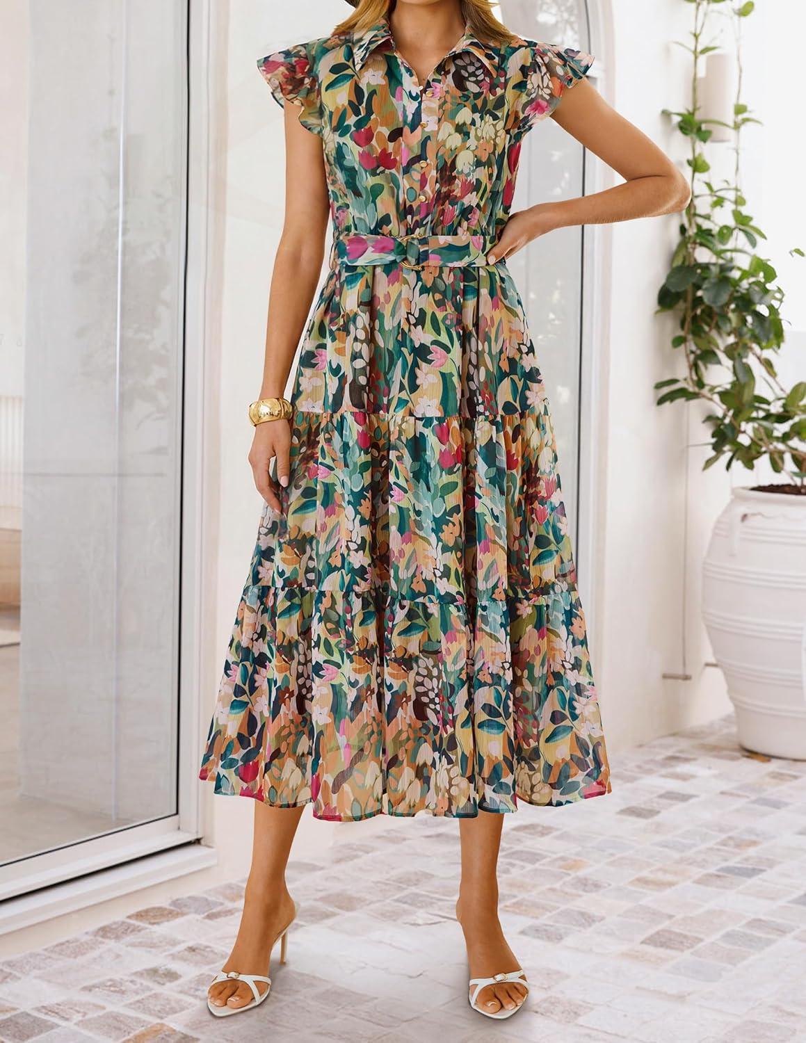 imageZESICA Womens Summer Floral Midi Dress 2026 Casual Flutter Short Sleeve Chiffon Button Down Wedding Guest Party DressesGreen