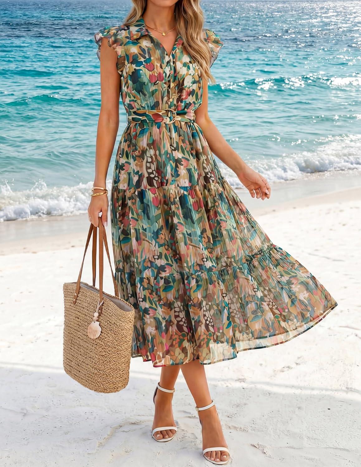 imageZESICA Womens Summer Floral Midi Dress 2026 Casual Flutter Short Sleeve Chiffon Button Down Wedding Guest Party DressesGreen