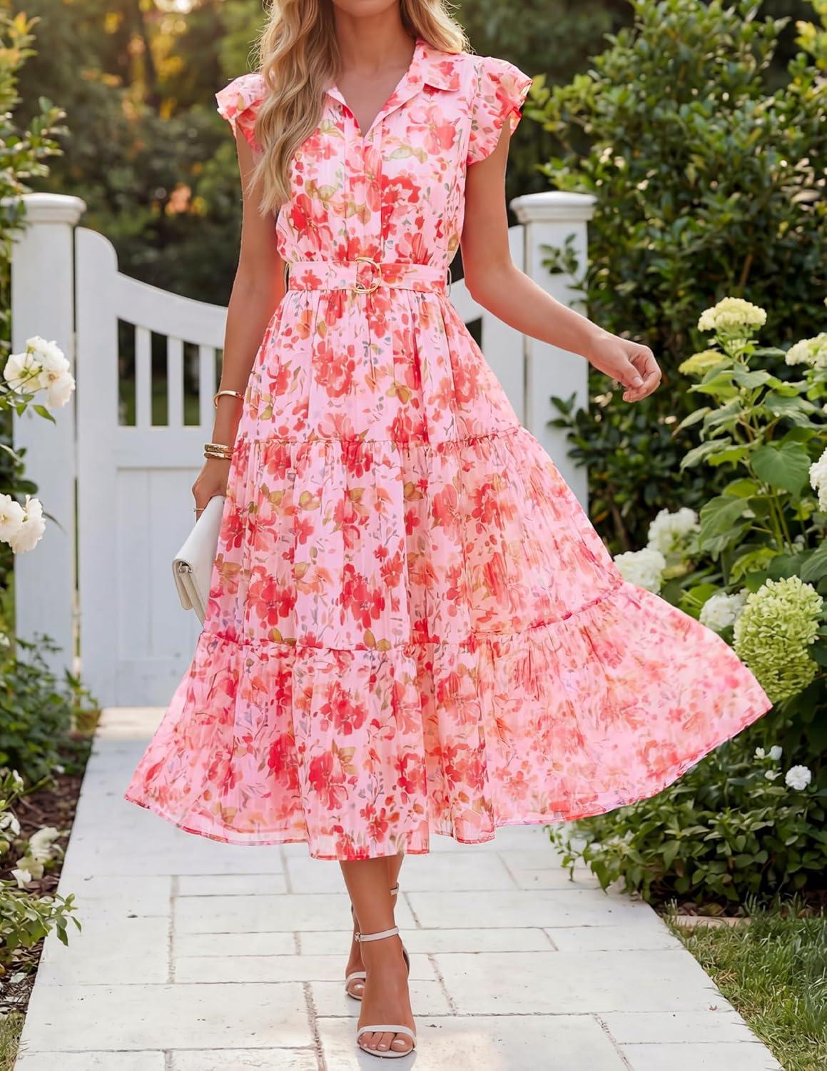 imageZESICA Womens Summer Floral Midi Dress 2026 Casual Flutter Short Sleeve Chiffon Button Down Wedding Guest Party DressesPink