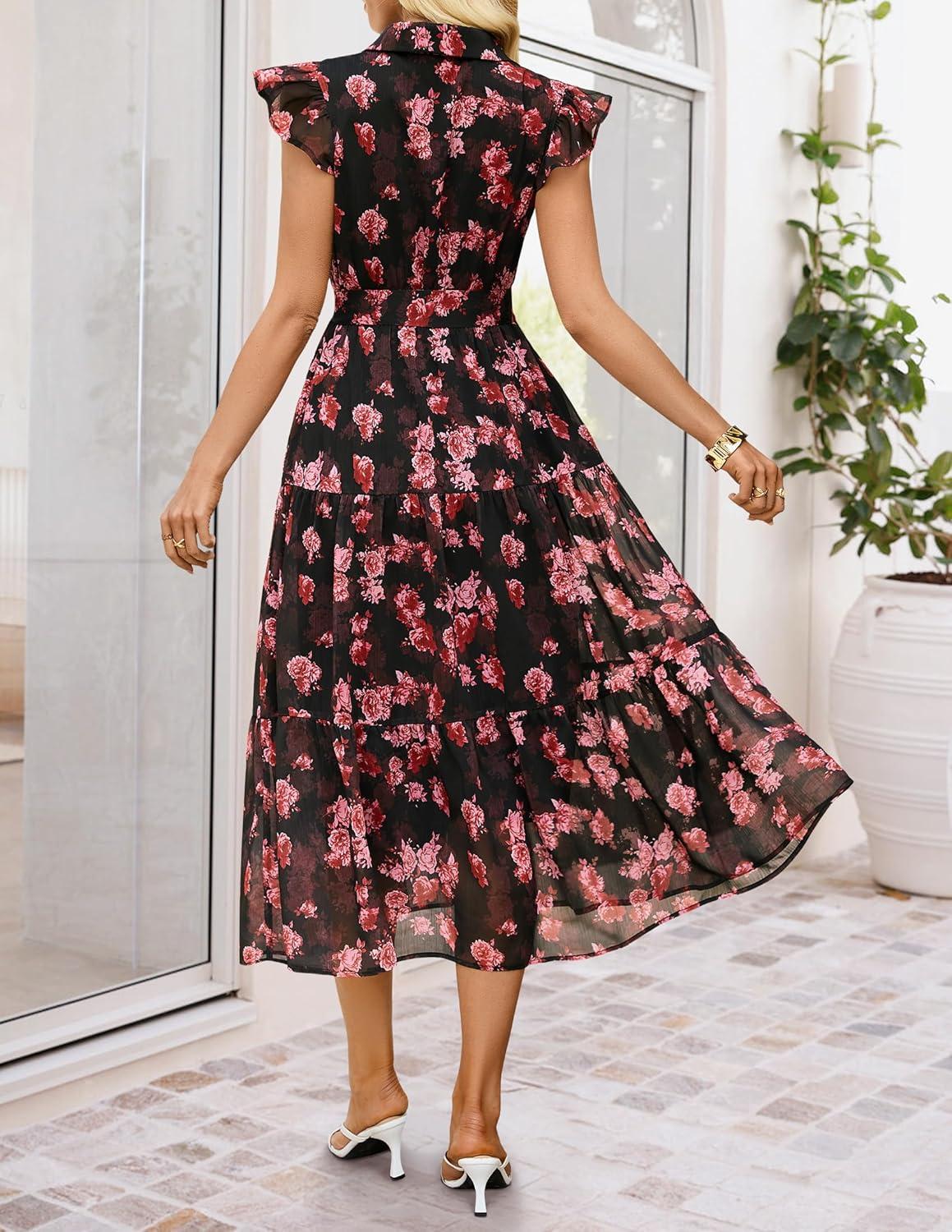 imageZESICA Womens Summer Floral Midi Dress 2026 Casual Flutter Short Sleeve Chiffon Button Down Wedding Guest Party DressesRed