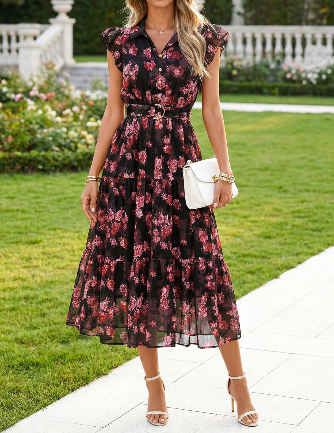 imageZESICA Womens Summer Floral Midi Dress 2026 Casual Flutter Short Sleeve Chiffon Button Down Wedding Guest Party DressesRed