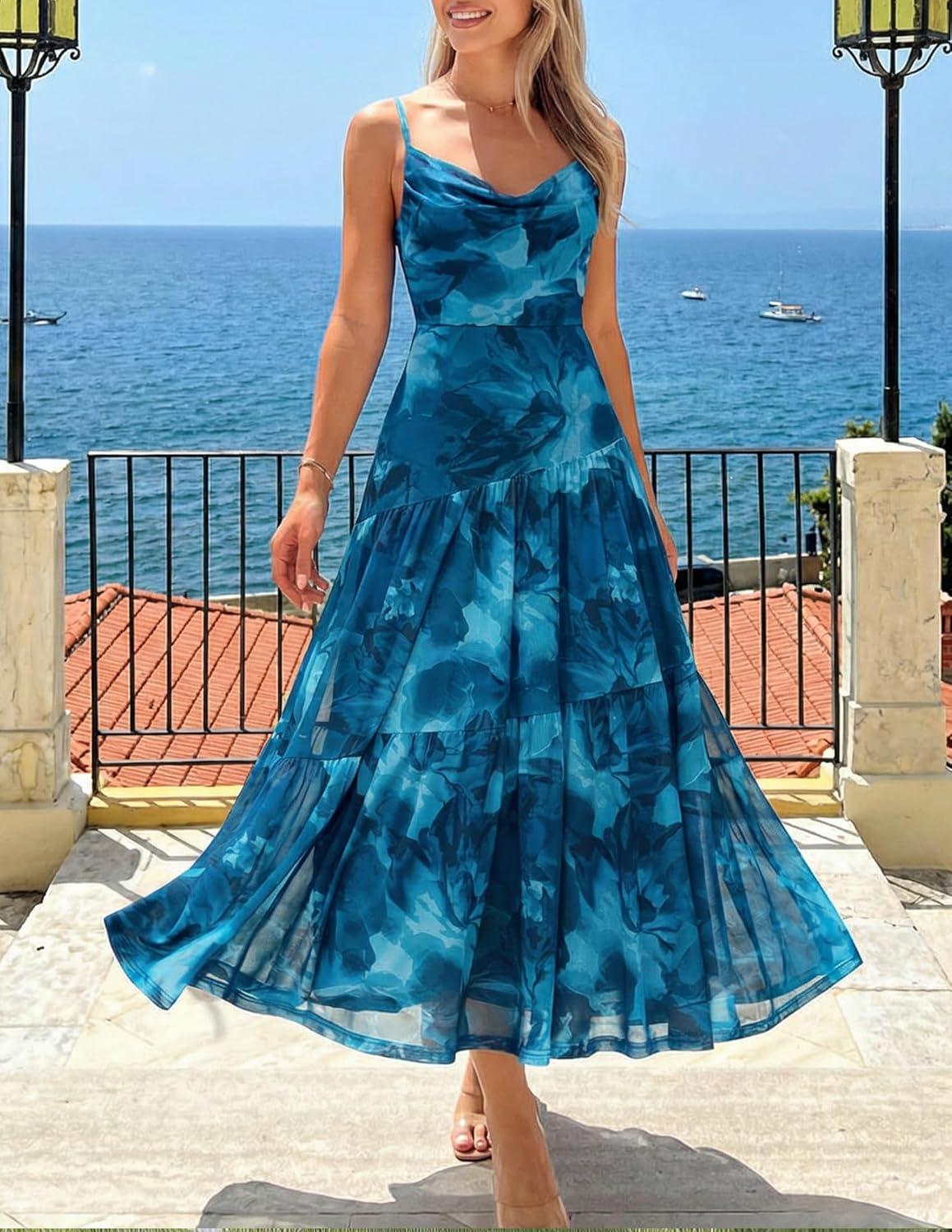 imageZESICA Womens Summer Floral Sleeveless Maxi Dress 2026 Boho Mesh Beach Wedding Guest Spaghetti Strap Flowy Long DressesLake