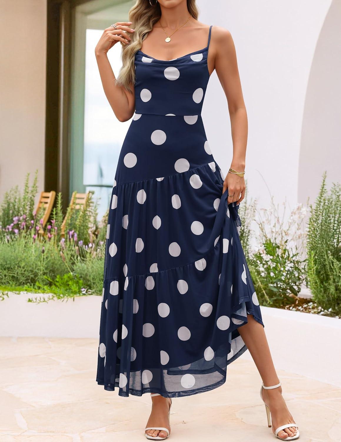 imageZESICA Womens Summer Floral Sleeveless Maxi Dress 2026 Boho Mesh Beach Wedding Guest Spaghetti Strap Flowy Long DressesNavy