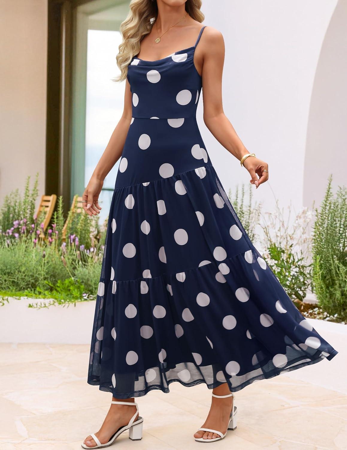 imageZESICA Womens Summer Floral Sleeveless Maxi Dress 2026 Boho Mesh Beach Wedding Guest Spaghetti Strap Flowy Long DressesNavy