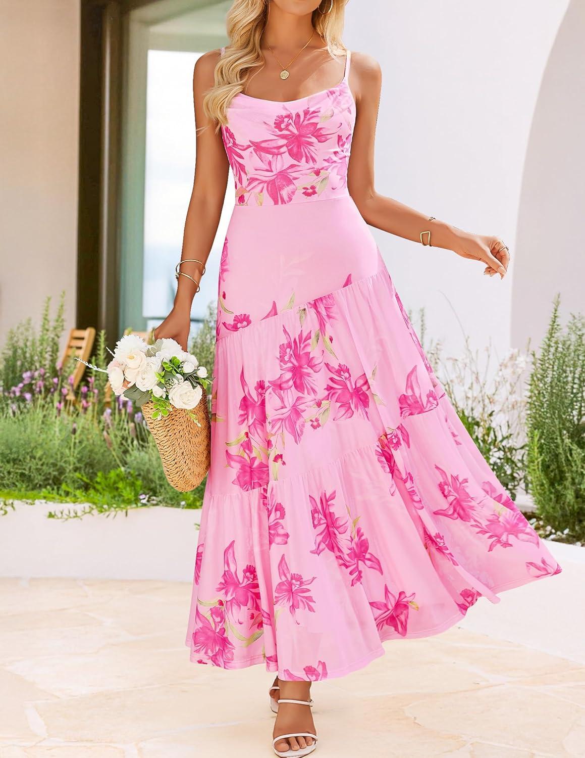 imageZESICA Womens Summer Floral Sleeveless Maxi Dress 2026 Boho Mesh Beach Wedding Guest Spaghetti Strap Flowy Long DressesPink