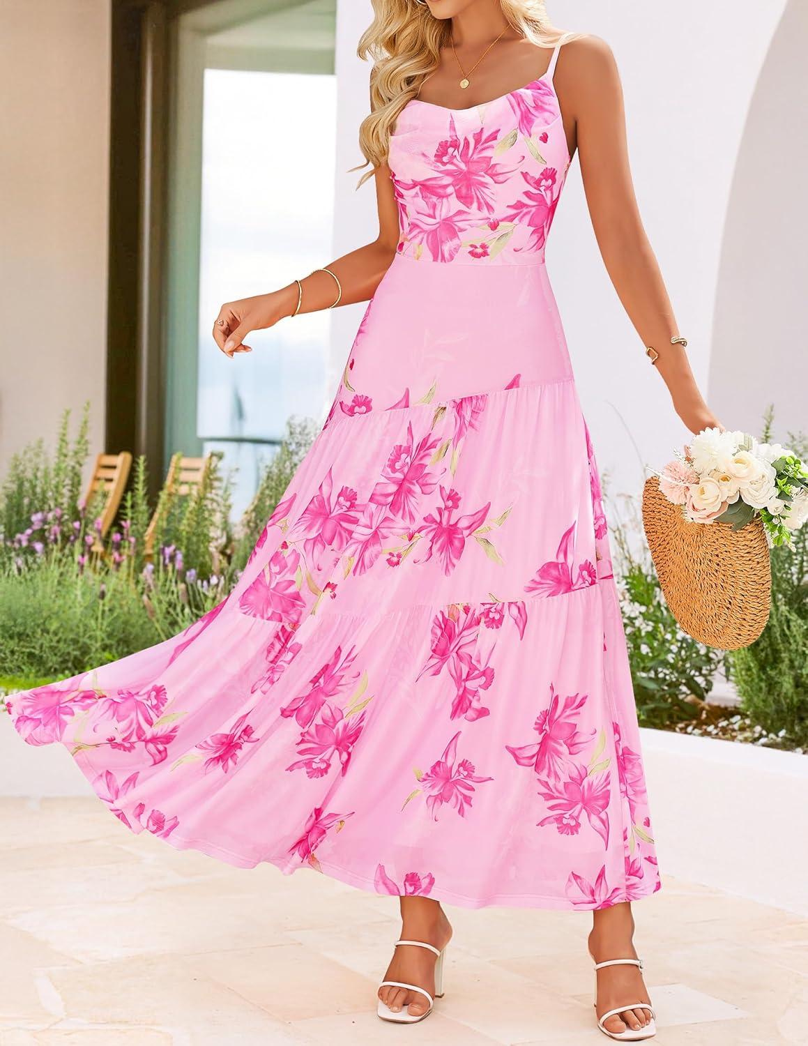 imageZESICA Womens Summer Floral Sleeveless Maxi Dress 2026 Boho Mesh Beach Wedding Guest Spaghetti Strap Flowy Long DressesPink
