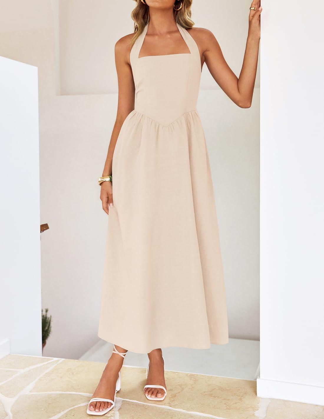 imageZESICA Womens Summer Sleeveless Halter Midi Dress 2026 Off Shoulder High Waist Flowy Beach Wedding Guest Long DressesApricot