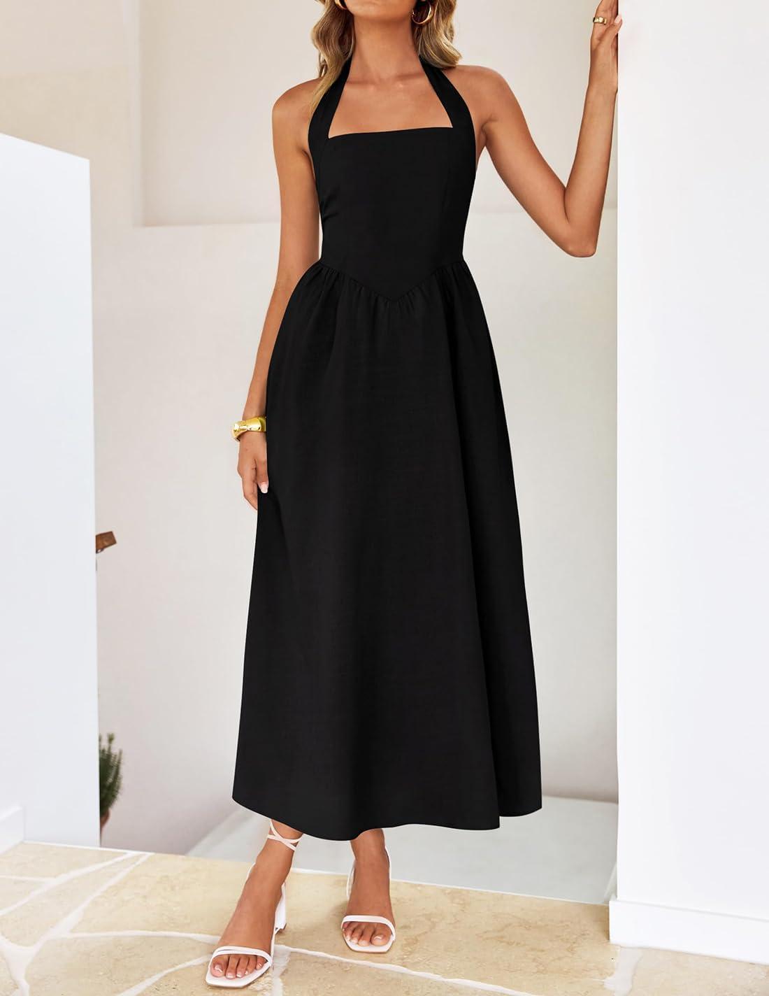 imageZESICA Womens Summer Sleeveless Halter Midi Dress 2026 Off Shoulder High Waist Flowy Beach Wedding Guest Long DressesBlack