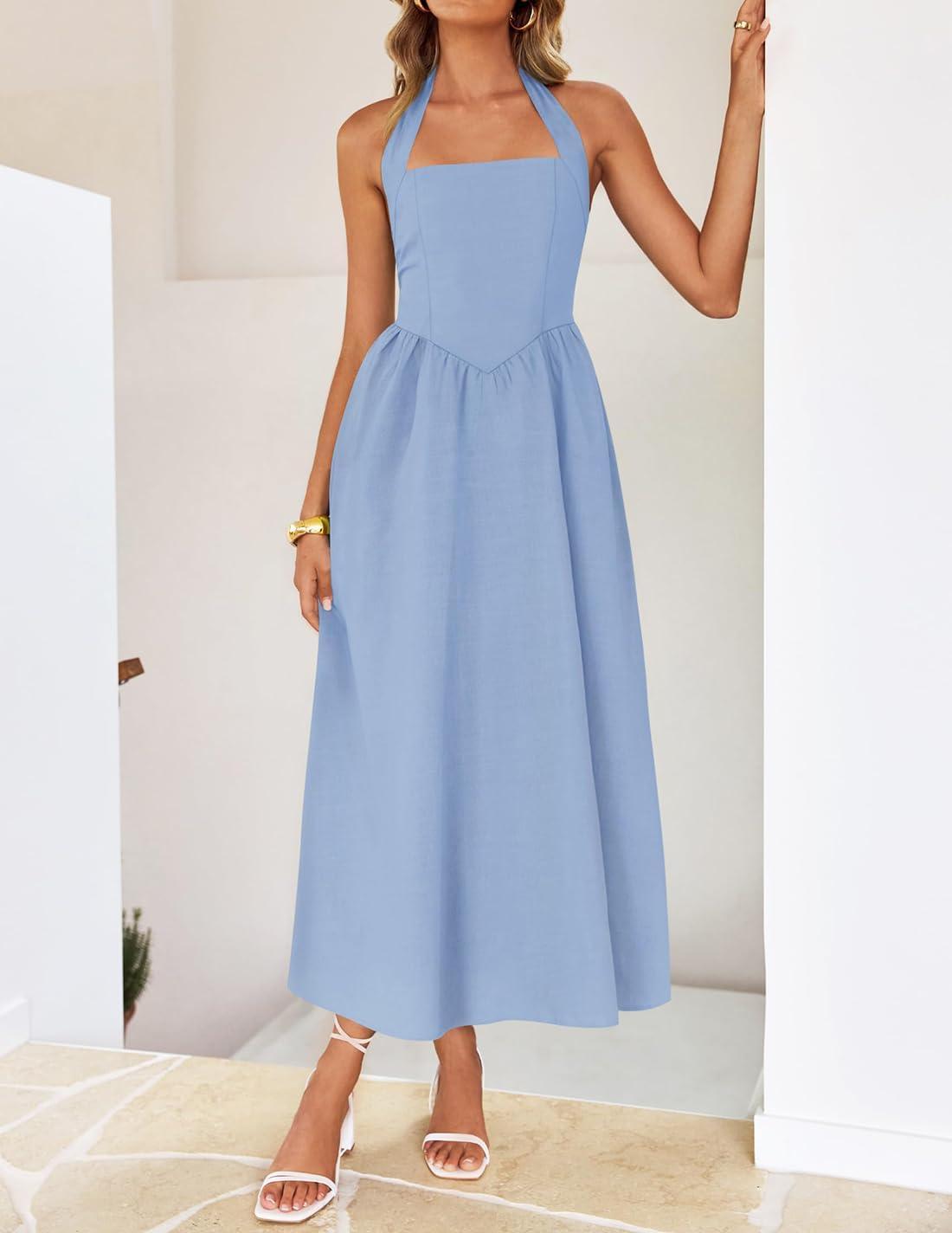 imageZESICA Womens Summer Sleeveless Halter Midi Dress 2026 Off Shoulder High Waist Flowy Beach Wedding Guest Long DressesBlue