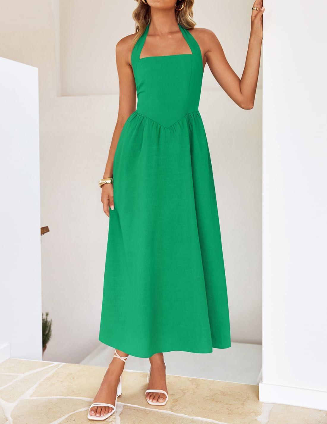imageZESICA Womens Summer Sleeveless Halter Midi Dress 2026 Off Shoulder High Waist Flowy Beach Wedding Guest Long DressesGreen