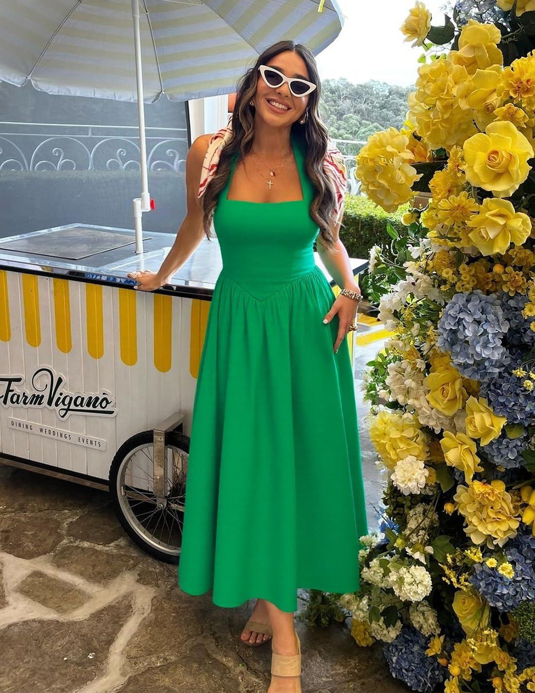 imageZESICA Womens Summer Sleeveless Halter Midi Dress 2026 Off Shoulder High Waist Flowy Beach Wedding Guest Long DressesGreen