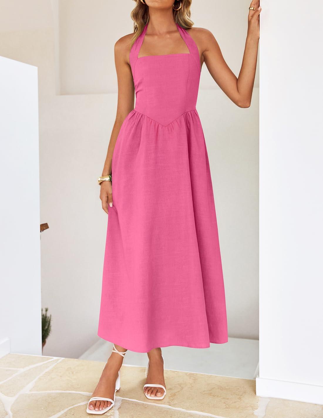 imageZESICA Womens Summer Sleeveless Halter Midi Dress 2026 Off Shoulder High Waist Flowy Beach Wedding Guest Long DressesHotpink