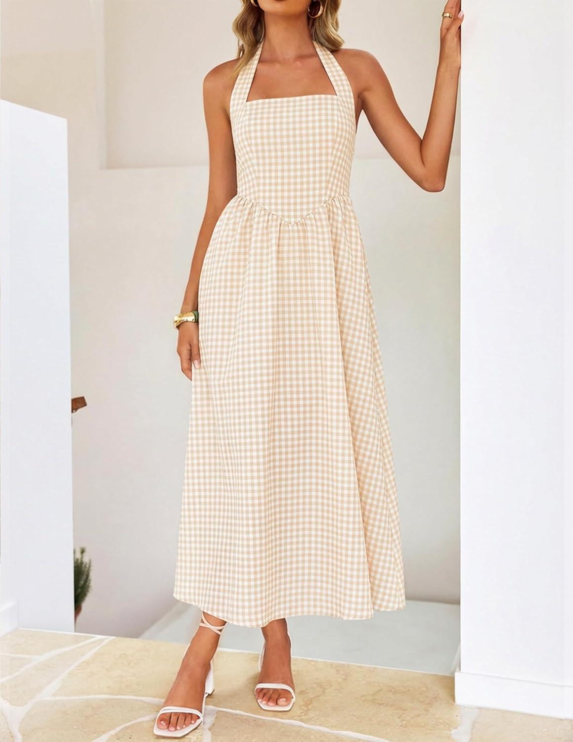 imageZESICA Womens Summer Sleeveless Halter Midi Dress 2026 Off Shoulder High Waist Flowy Beach Wedding Guest Long DressesLightapricot