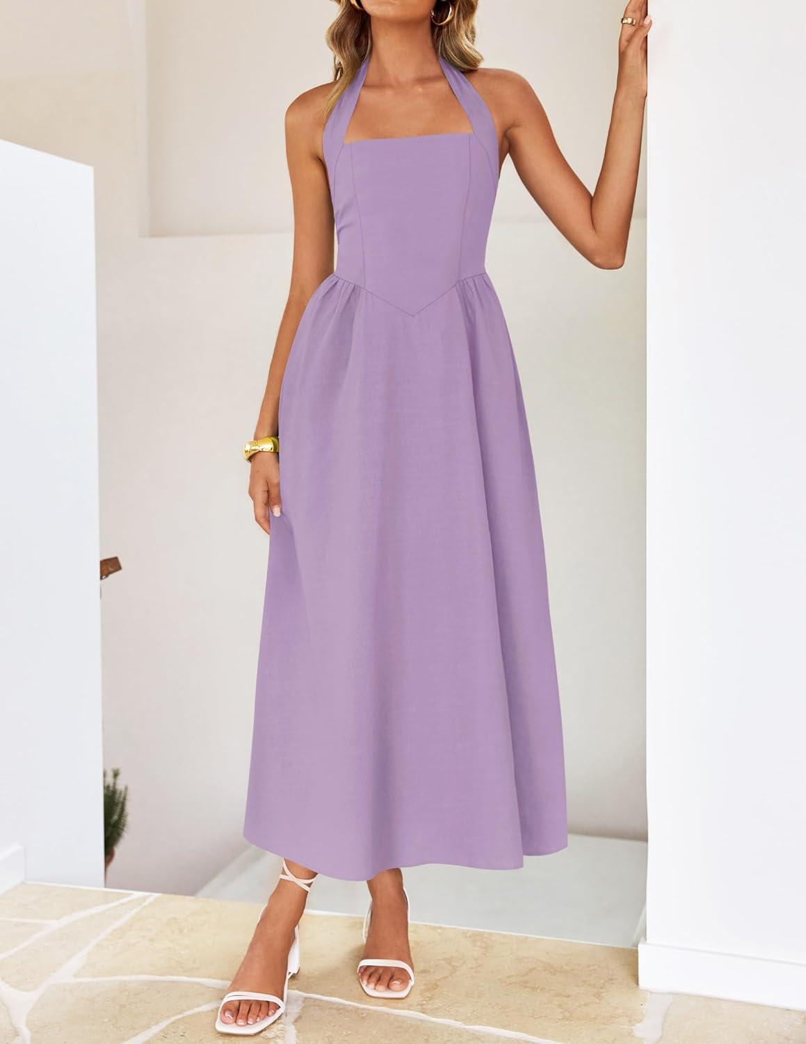 imageZESICA Womens Summer Sleeveless Halter Midi Dress 2026 Off Shoulder High Waist Flowy Beach Wedding Guest Long DressesLightpurple