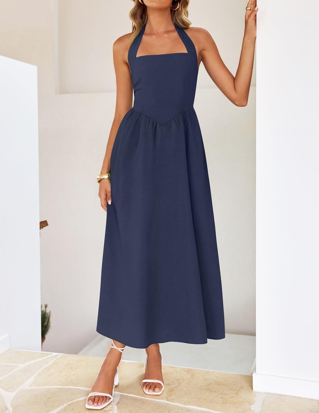 imageZESICA Womens Summer Sleeveless Halter Midi Dress 2026 Off Shoulder High Waist Flowy Beach Wedding Guest Long DressesNavy