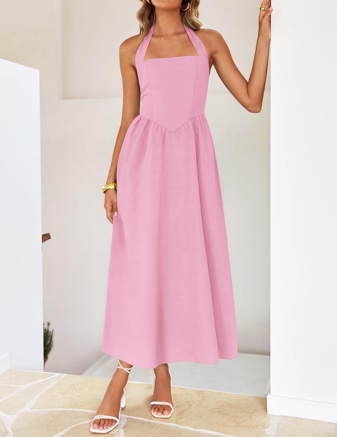 imageZESICA Womens Summer Sleeveless Halter Midi Dress 2026 Off Shoulder High Waist Flowy Beach Wedding Guest Long DressesPink