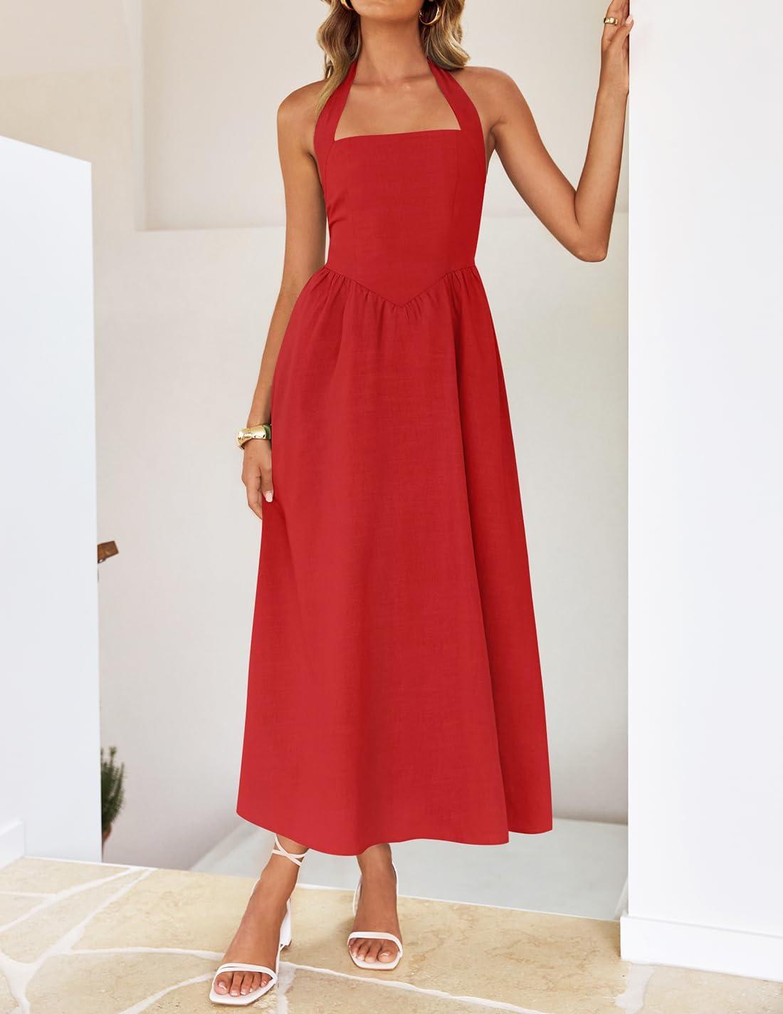 imageZESICA Womens Summer Sleeveless Halter Midi Dress 2026 Off Shoulder High Waist Flowy Beach Wedding Guest Long DressesRed