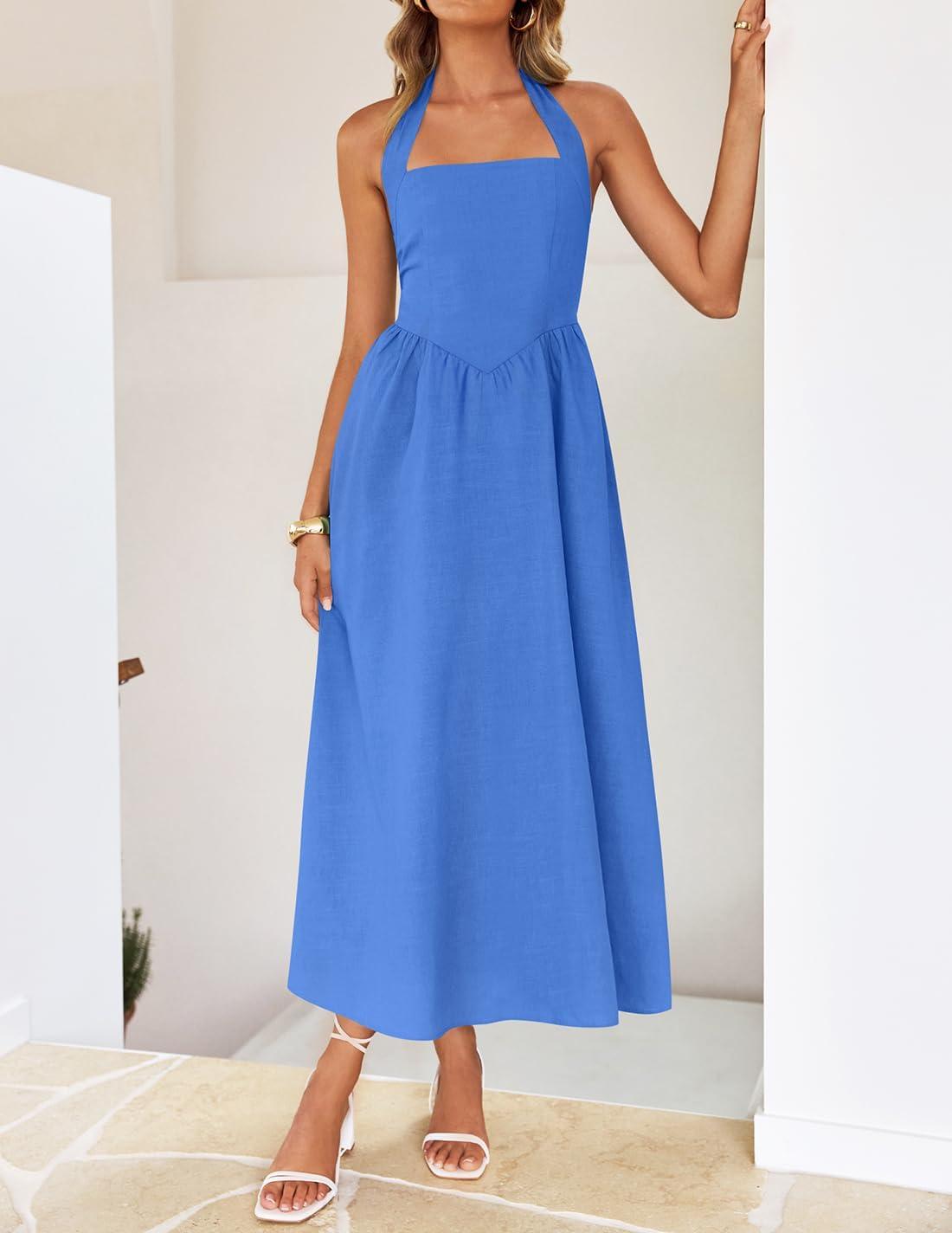 imageZESICA Womens Summer Sleeveless Halter Midi Dress 2026 Off Shoulder High Waist Flowy Beach Wedding Guest Long DressesRoyal Blue