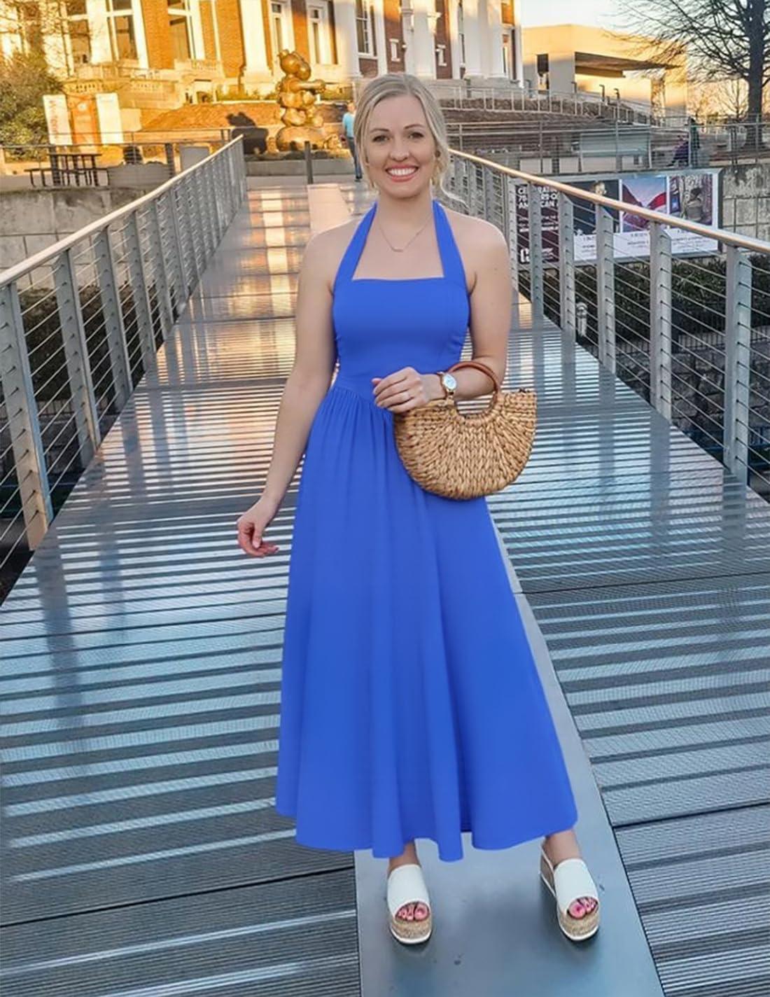 imageZESICA Womens Summer Sleeveless Halter Midi Dress 2026 Off Shoulder High Waist Flowy Beach Wedding Guest Long DressesRoyal Blue