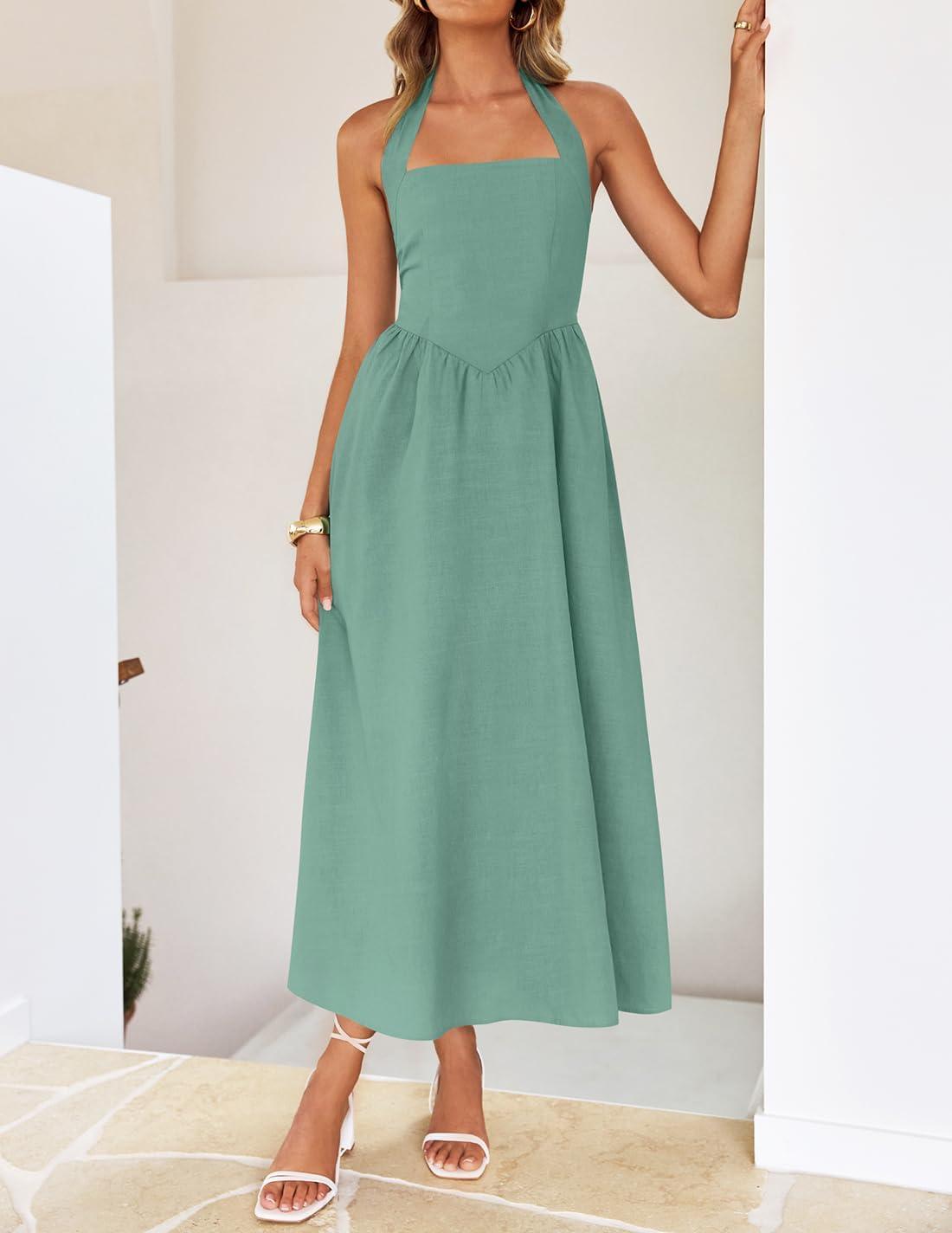 imageZESICA Womens Summer Sleeveless Halter Midi Dress 2026 Off Shoulder High Waist Flowy Beach Wedding Guest Long DressesSage