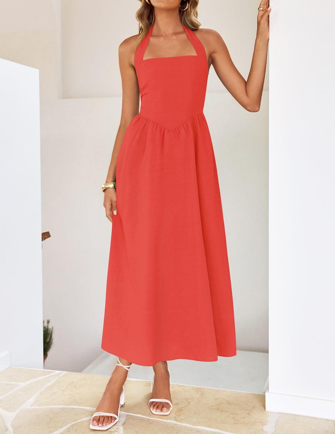 imageZESICA Womens Summer Sleeveless Halter Midi Dress 2026 Off Shoulder High Waist Flowy Beach Wedding Guest Long DressesWatermelonred