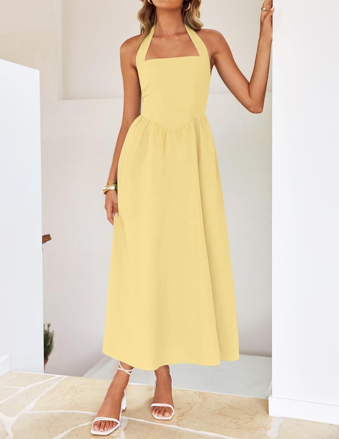 imageZESICA Womens Summer Sleeveless Halter Midi Dress 2026 Off Shoulder High Waist Flowy Beach Wedding Guest Long DressesYellow