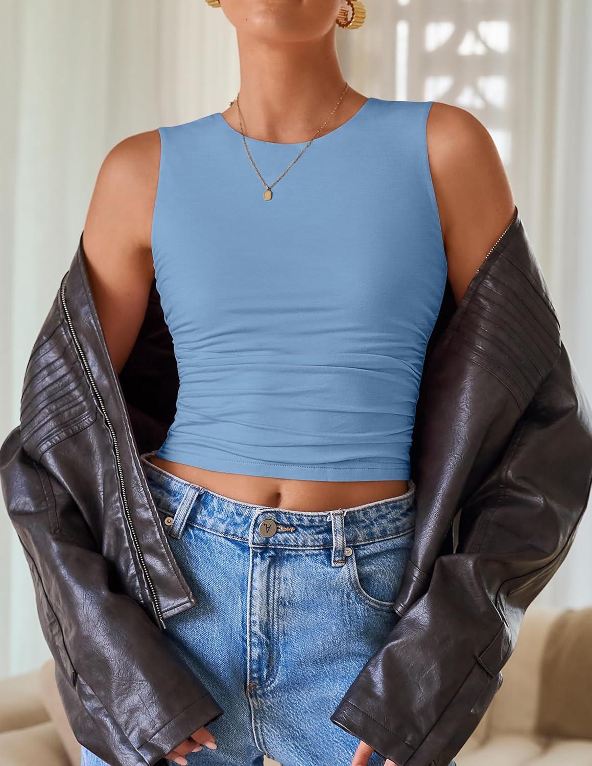 imageZESICA Womens Summer Tank Tops 2026 Sleeveless Crewneck Knit Slim Fitted Side Ruched Casual Basic ShirtBlue
