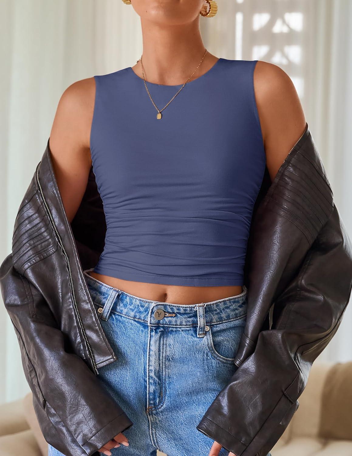 imageZESICA Womens Summer Tank Tops 2026 Sleeveless Crewneck Knit Slim Fitted Side Ruched Casual Basic ShirtNavy Blue