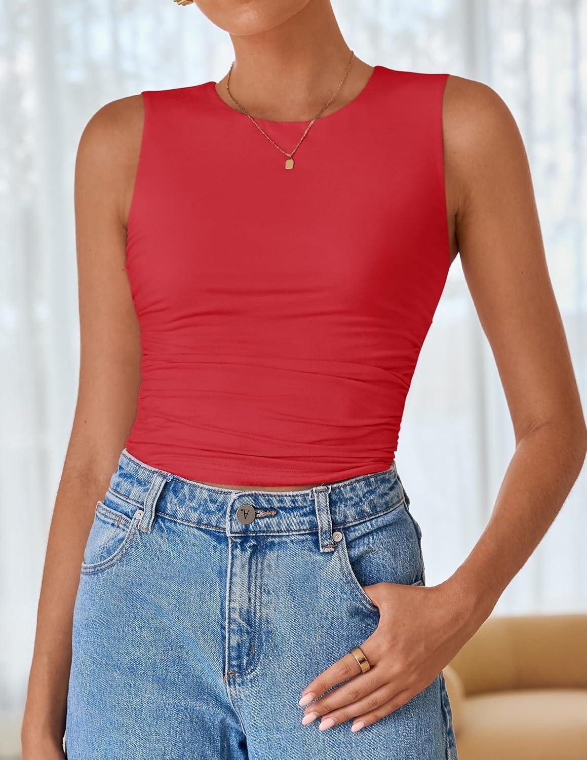 imageZESICA Womens Summer Tank Tops 2026 Sleeveless Crewneck Knit Slim Fitted Side Ruched Casual Basic ShirtRed
