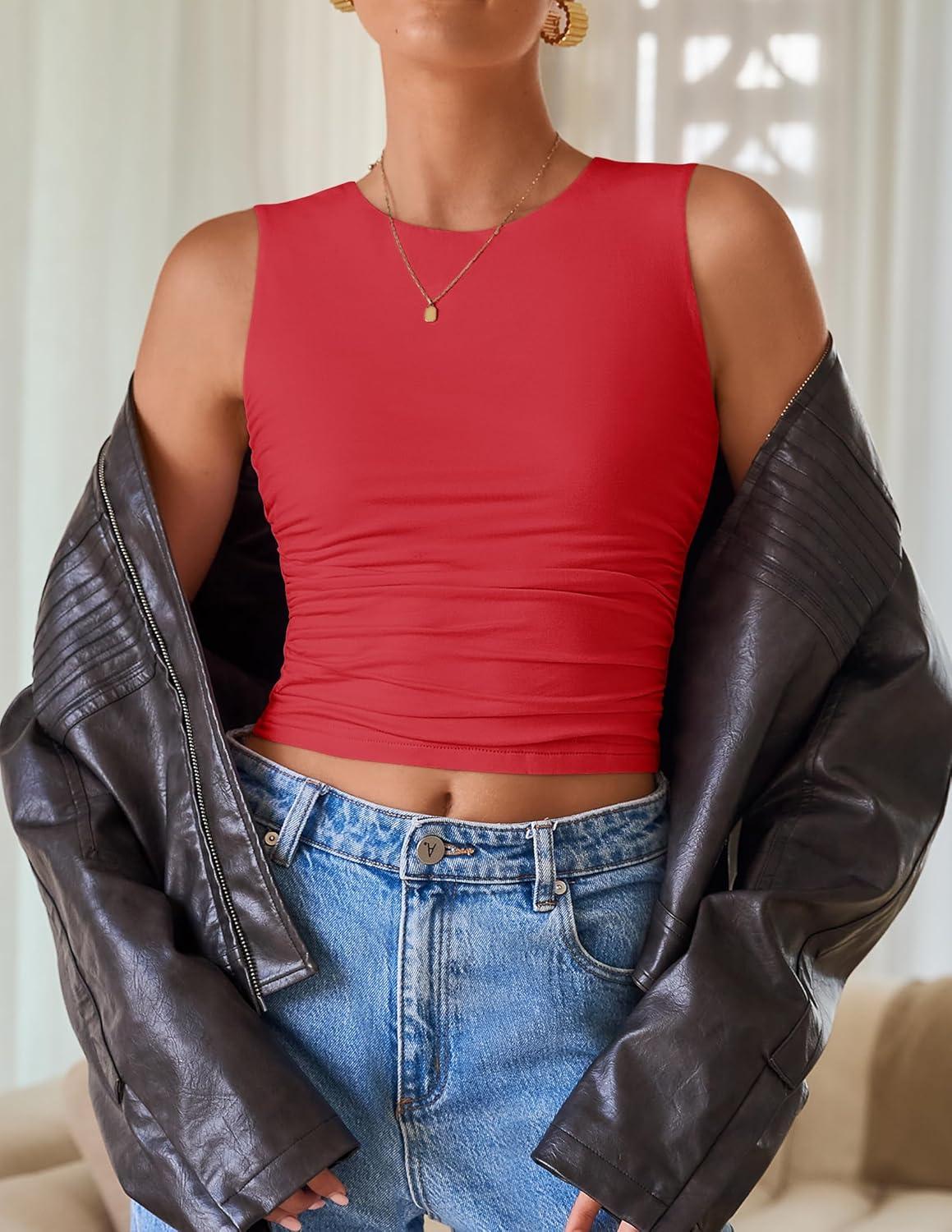 imageZESICA Womens Summer Tank Tops 2026 Sleeveless Crewneck Knit Slim Fitted Side Ruched Casual Basic ShirtRed