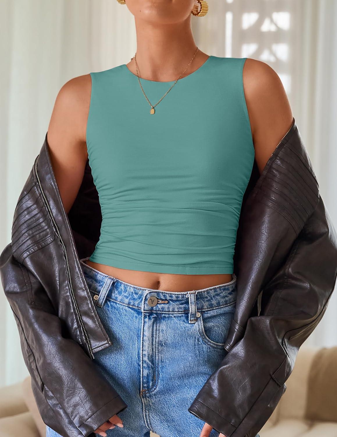 imageZESICA Womens Summer Tank Tops 2026 Sleeveless Crewneck Knit Slim Fitted Side Ruched Casual Basic ShirtTeal
