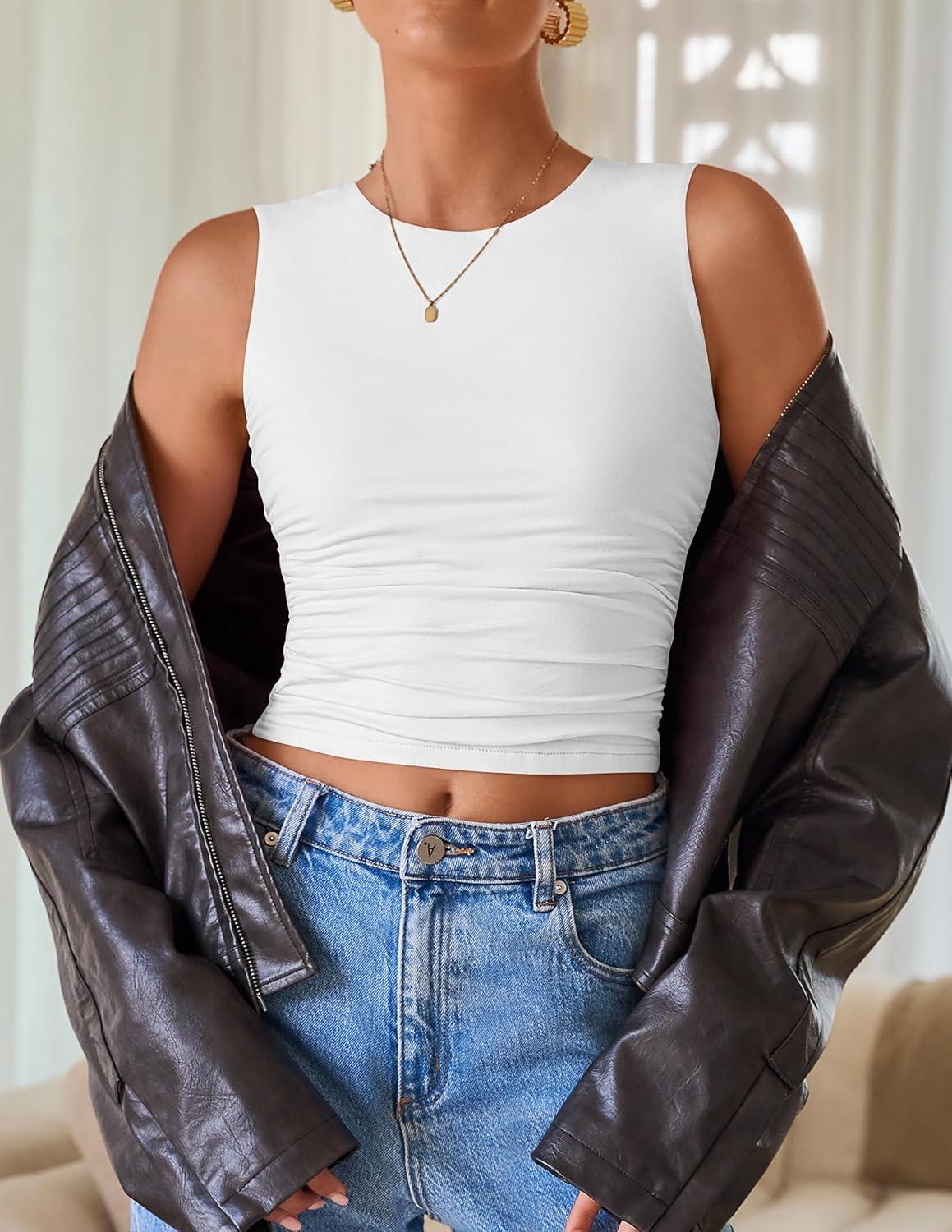 imageZESICA Womens Summer Tank Tops 2026 Sleeveless Crewneck Knit Slim Fitted Side Ruched Casual Basic ShirtWhite