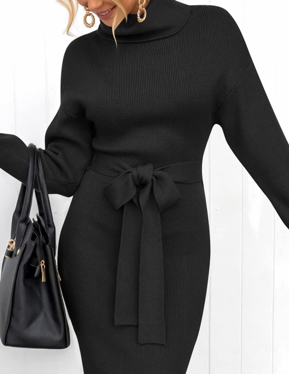 imageZESICA Womens Turtleneck Sweater Midi Dress Long Sleeve Ribbed Knit Bodycon Slit Dress with BeltBlack