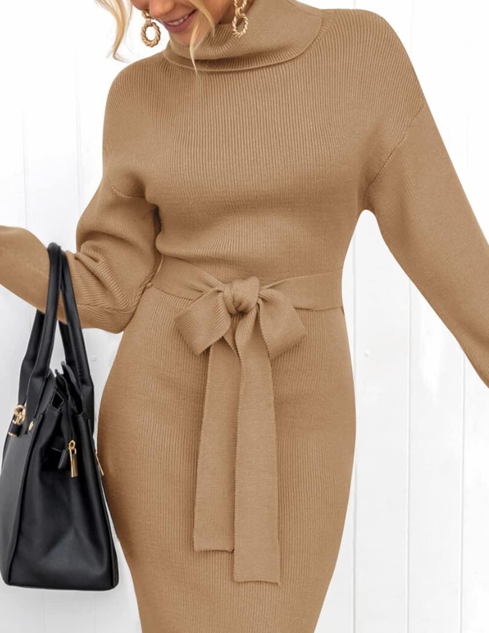 imageZESICA Womens Turtleneck Sweater Midi Dress Long Sleeve Ribbed Knit Bodycon Slit Dress with BeltCamel