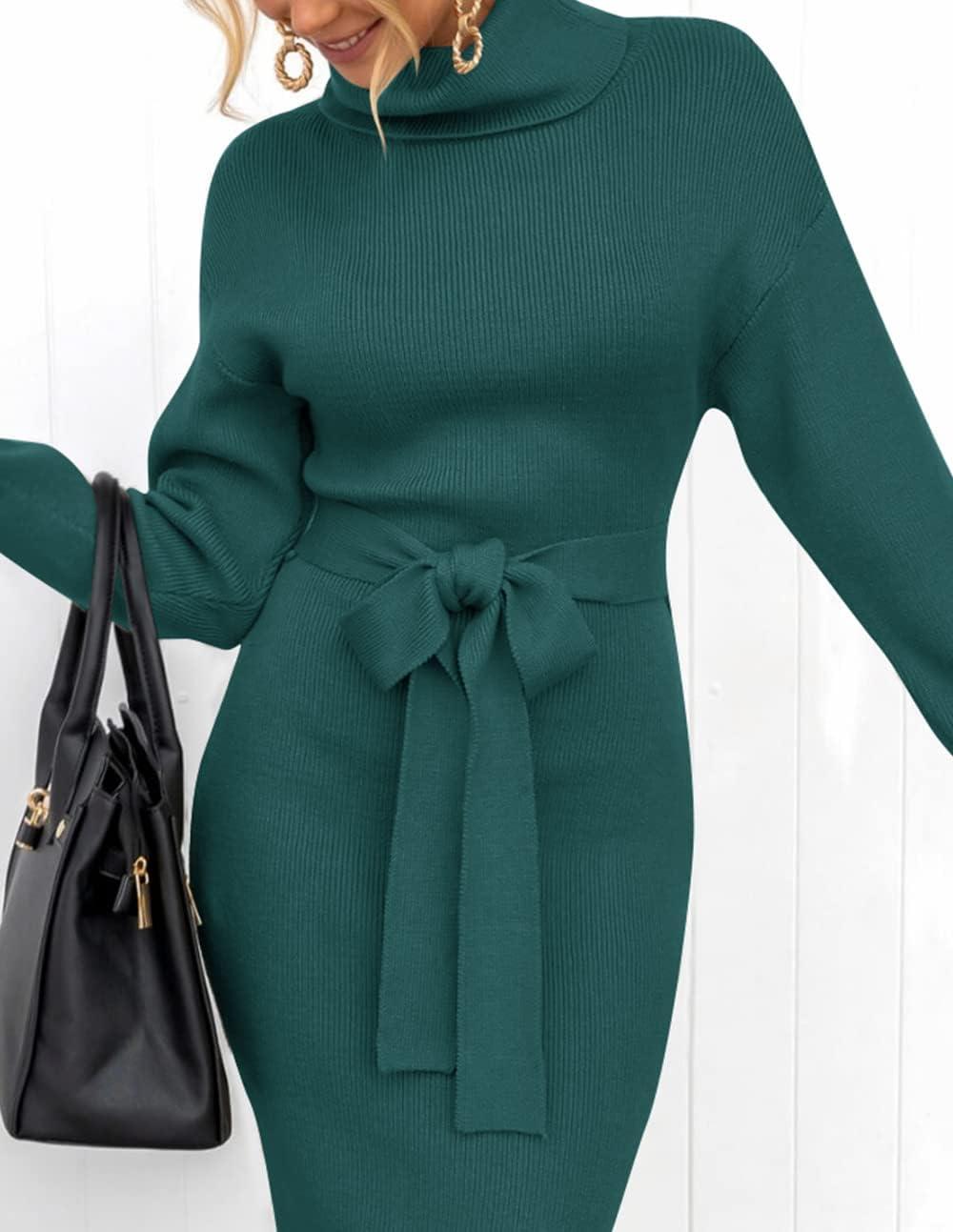 imageZESICA Womens Turtleneck Sweater Midi Dress Long Sleeve Ribbed Knit Bodycon Slit Dress with BeltForestgreen
