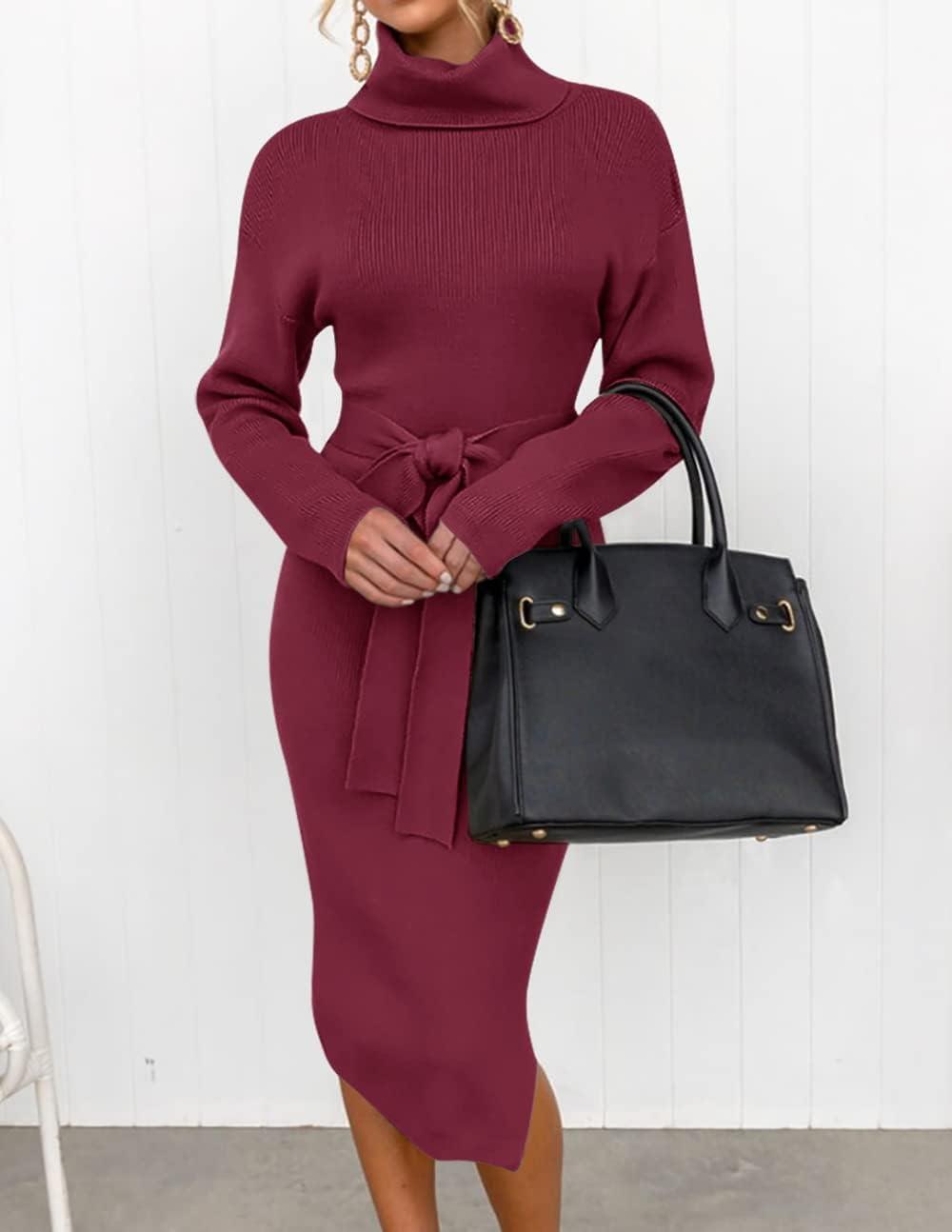 imageZESICA Womens Turtleneck Sweater Midi Dress Long Sleeve Ribbed Knit Bodycon Slit Dress with BeltPlum